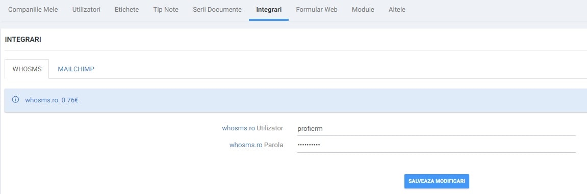 completeaza utilizatorul si parola cu care te conectezi pe platforma whosms.ro